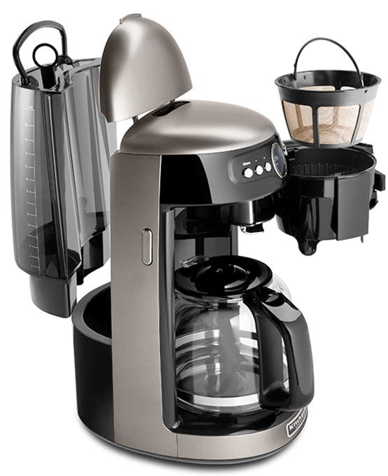A photo highlighting the removable components of a coffee maker.