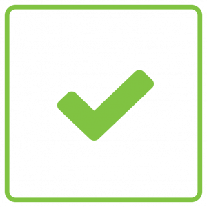 A green square icon that has a green check mark icon outlined in the middle of the square.