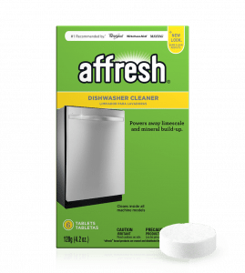 A close-up picture of the affresh® dishwasher cleaner tablet 6-count box and a single tablet in front.