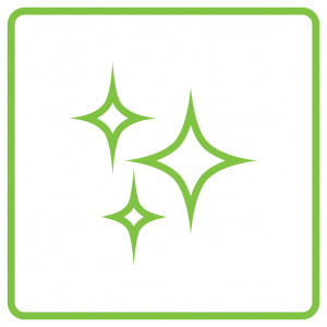 A green square icon that has three green sparkling stars outlined in the middle of the square.