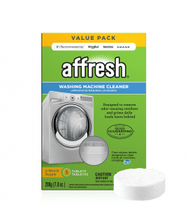 A close-up picture of the 5-count Value Pack of affresh® washing machine cleaner tablets to remove residue and mineral buildup monthly for five months.