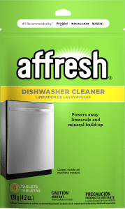 A close-up picture of the affresh® dishwasher cleaner tablet 6-count pouch.