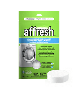 A close-up picture of the 3-count affresh® washing machine cleaner package depicting a front-loader washer and a top-load washer, while a single tablet sits in front.