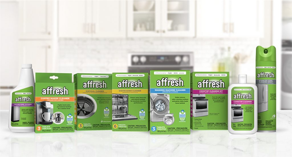 Affresh products lined up next to each other on a kitchen countertop.