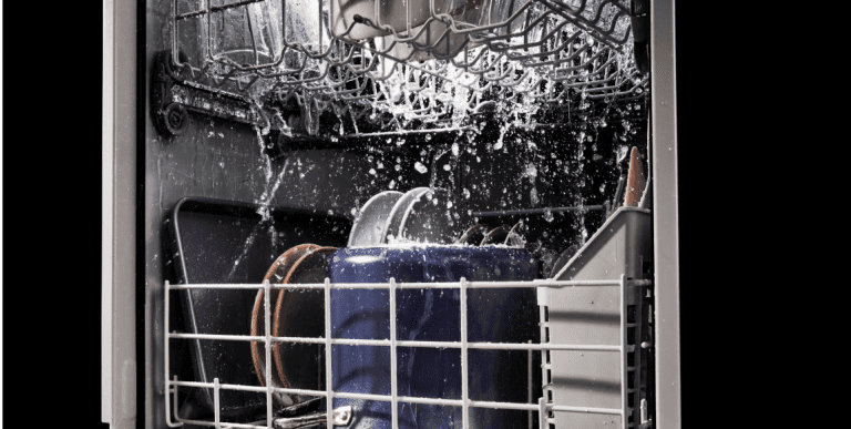 A dishwasher washing a full load of dishes.