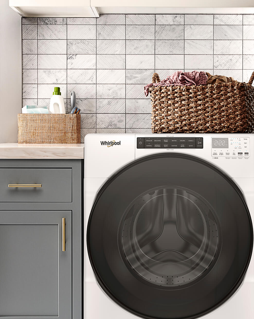 A front load washing machine with a wicker basket on top of it.