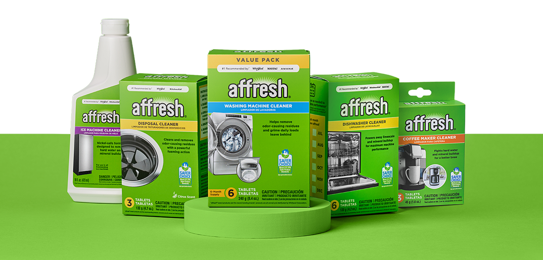 Assorted Affresh® appliance cleaners including washing machine and dishwasher tablets designed to eliminate odor-causing residue and soap scum