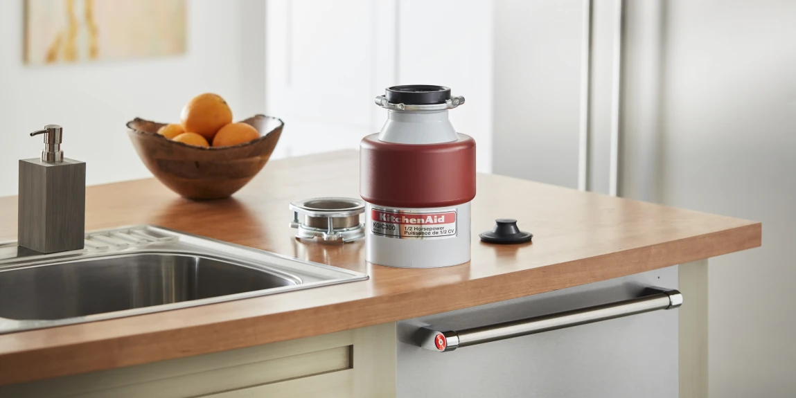 A red and white KitchenAid 1/3 Horsepower garbage disposal unit sitting on a wooden kitchen countertop next to a stainless steel sink, accompanied by a bowl of oranges, a gray soap dispenser, and a wall-mounted artwork in the background.