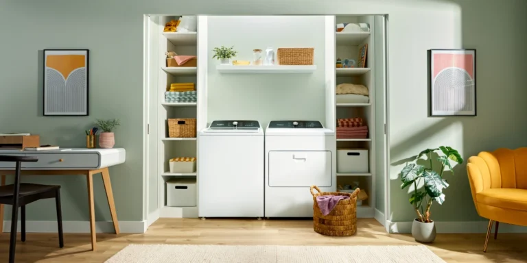 A neatly organized laundry closet in a light green room featuring a white top-load washer and front-load dryer side by side, flanked by shelves with baskets, folded linens, and decor; a wooden desk with chair on the left, potted plants, a yellow armchair on the right, and abstract wall art.