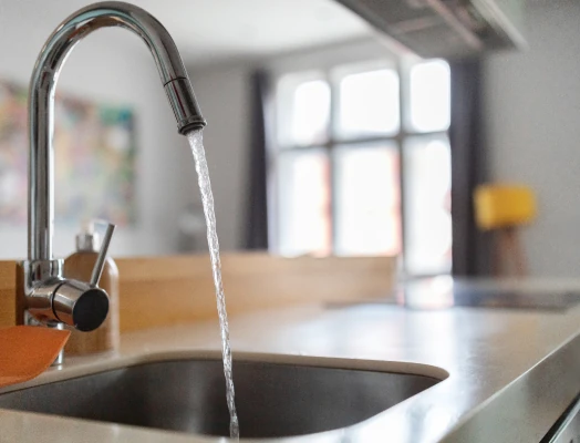Close-up of a chrome kitchen faucet dispensing a stream of water into a stainless steel sink, with soap dispenser and blurred kitchen elements like a window and artwork in the background.